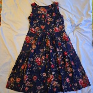 Vintage Floral Midi Dress - Navy and Pink